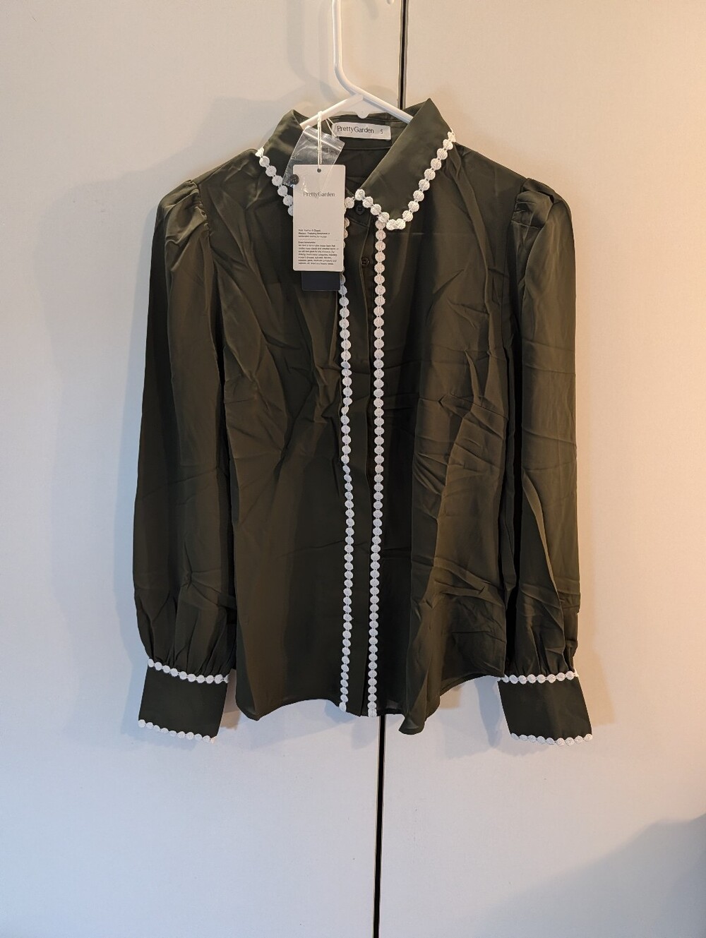 Pretty Garden Woman's Small Olive Green Pearl-Trim Blouse
